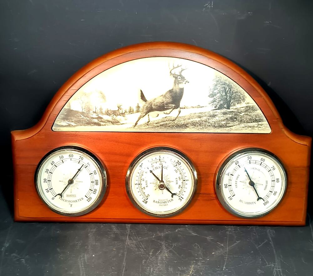 2066.  Vintage Springfield Deer Scrimshaw Style Analog Weather Station Wooden